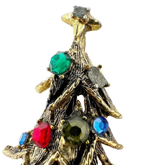 vintage Hollycraft gold & rhinestones Christmas Tree BROOCH holidays jewelry pin - Picture 2 of 8